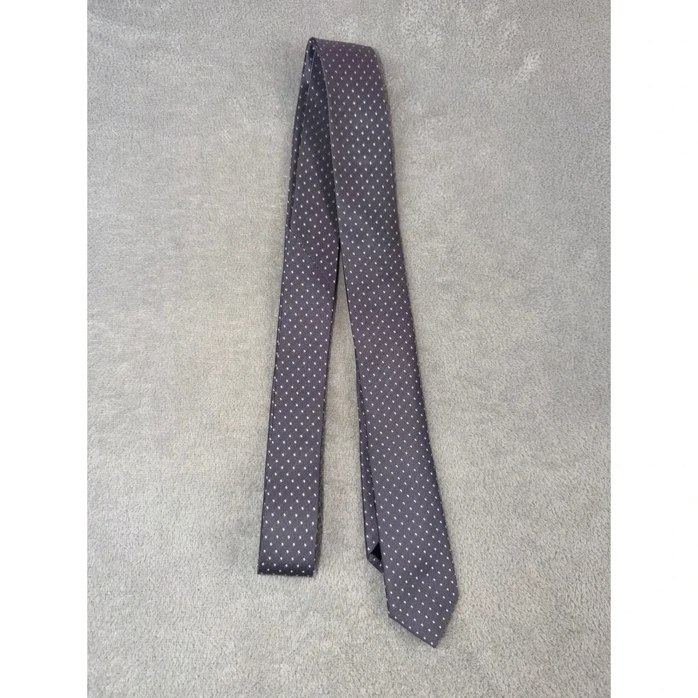 Kenneth Cole New York Men's Skinny Silk Tie‎ Gray White Polka Dot Hand Made